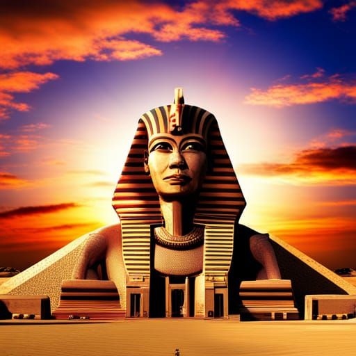 Female Pharaoh, staring at camera, colorful sunset, pyramids...