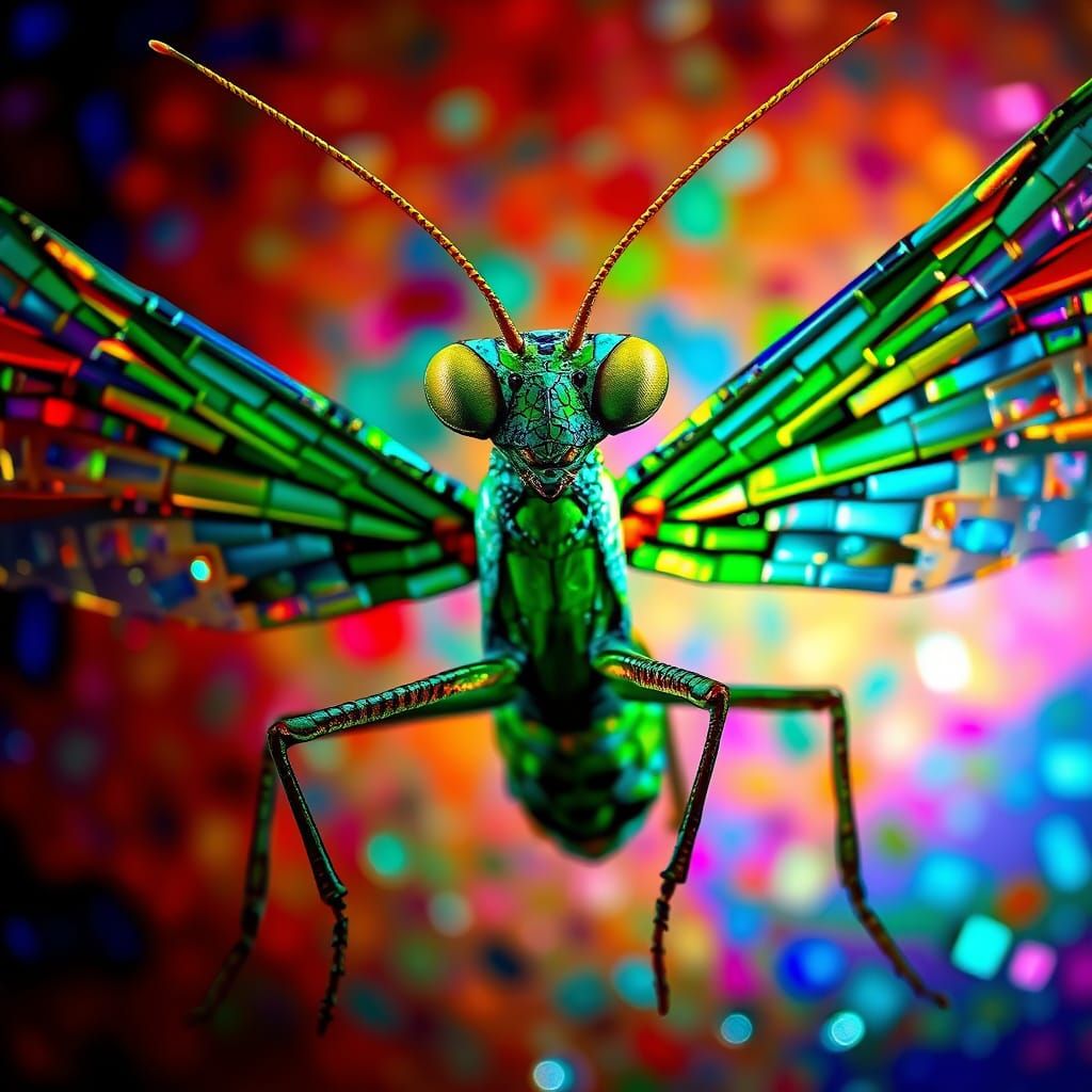 Hyperrealistic Glass Mosaic Praying Mantis Portrait in Vibra...