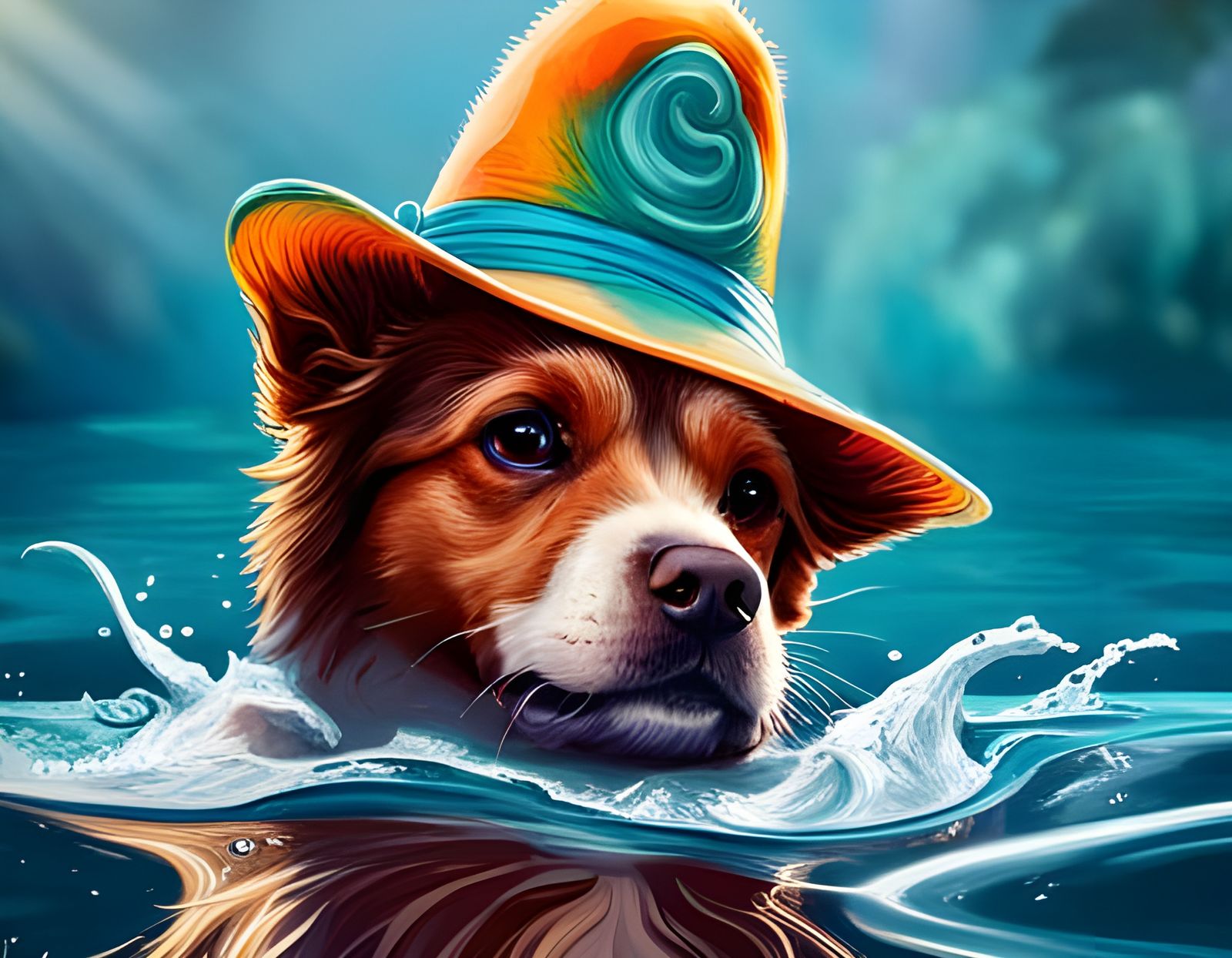 Adorable Pomarian Dog with summer hat in swimming pool, morning ...