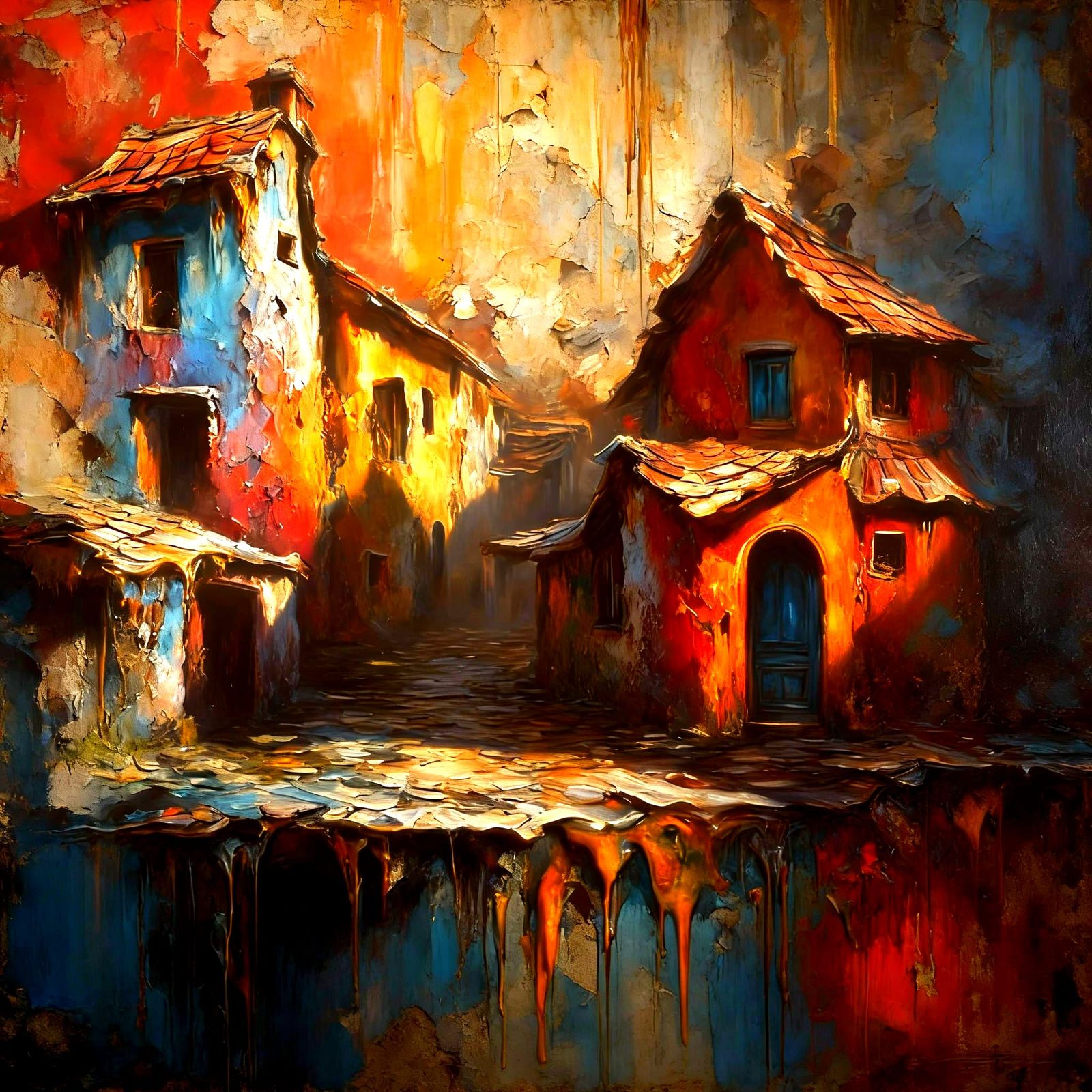 Melting Village Scene with Dramatic Chiaroscuro