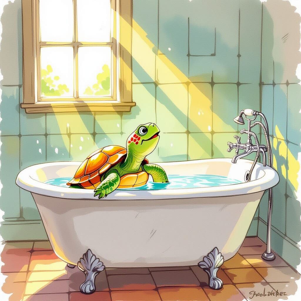 Turtle Sings Joyfully in Bathtub, Vibrant Watercolor Style