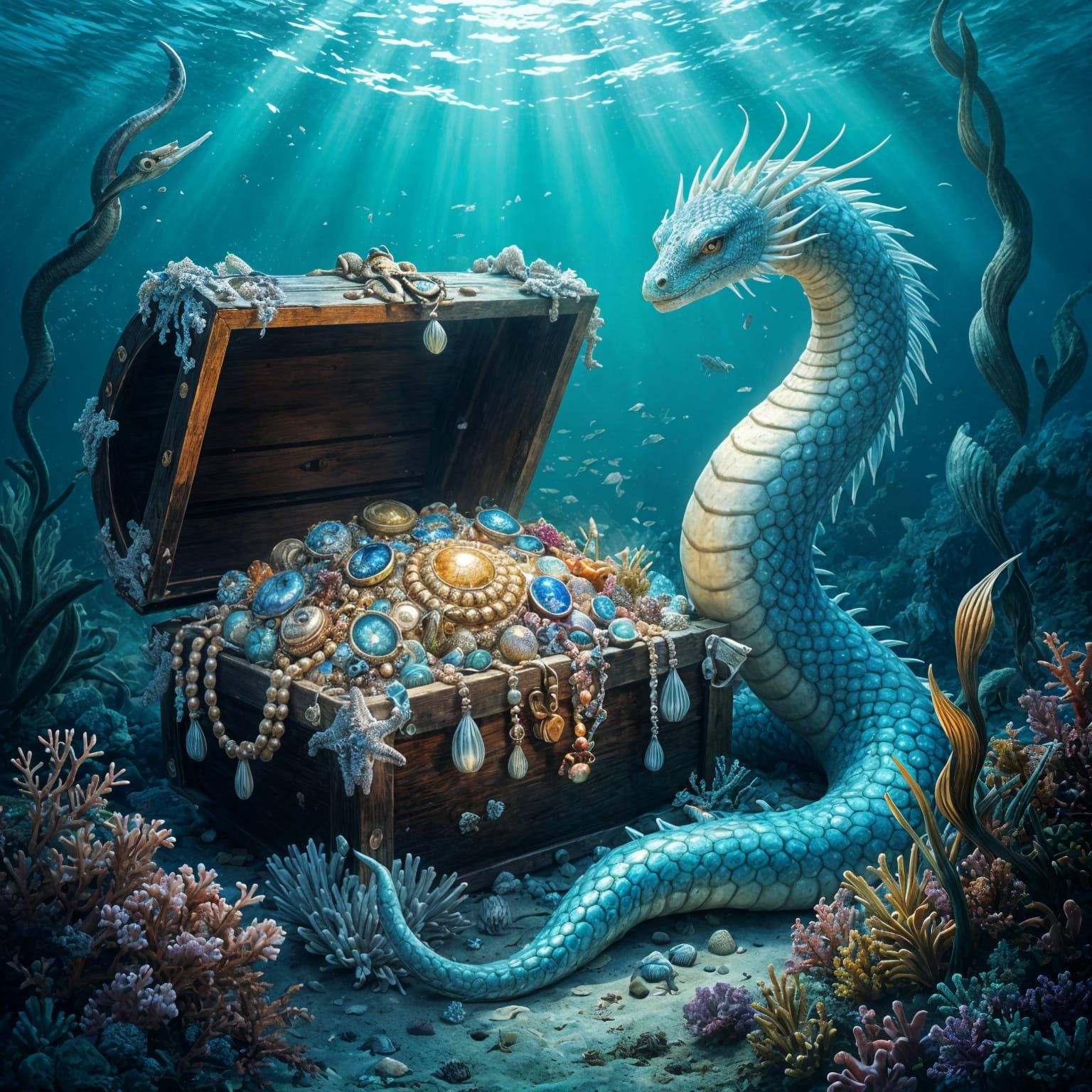 Barnacle-covered chest on the ocean floor, guarded by a magical sea serpent,    by @Tilted25
