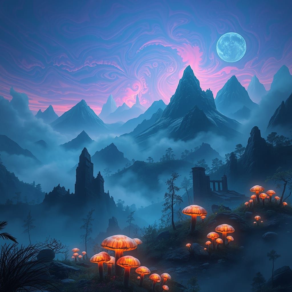 Ethereal Fantasy Realm with Glowing Forest and Ancient Ruins