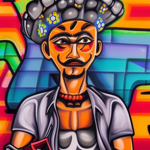 Lowrider mexican character with 
graffiti in background that...