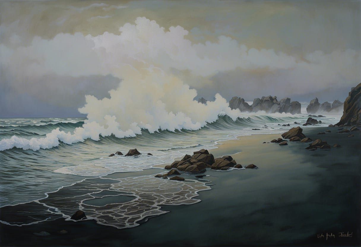 Body washed ashore, limp body on the beach, foggy ocean, ocean mist, highly detailed digital