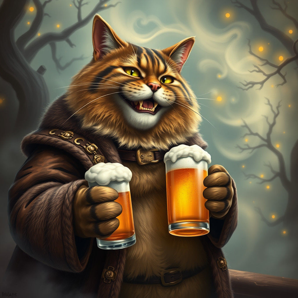 Cat in Beaver Coat Enjoying Beer in Fantasy Tavern
