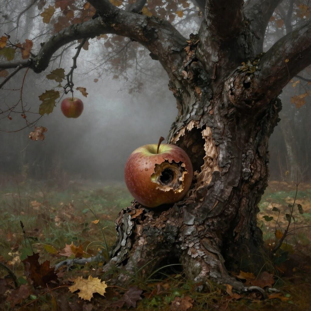 Rotten Apple Falls From Ancient Tree in Misty Morning