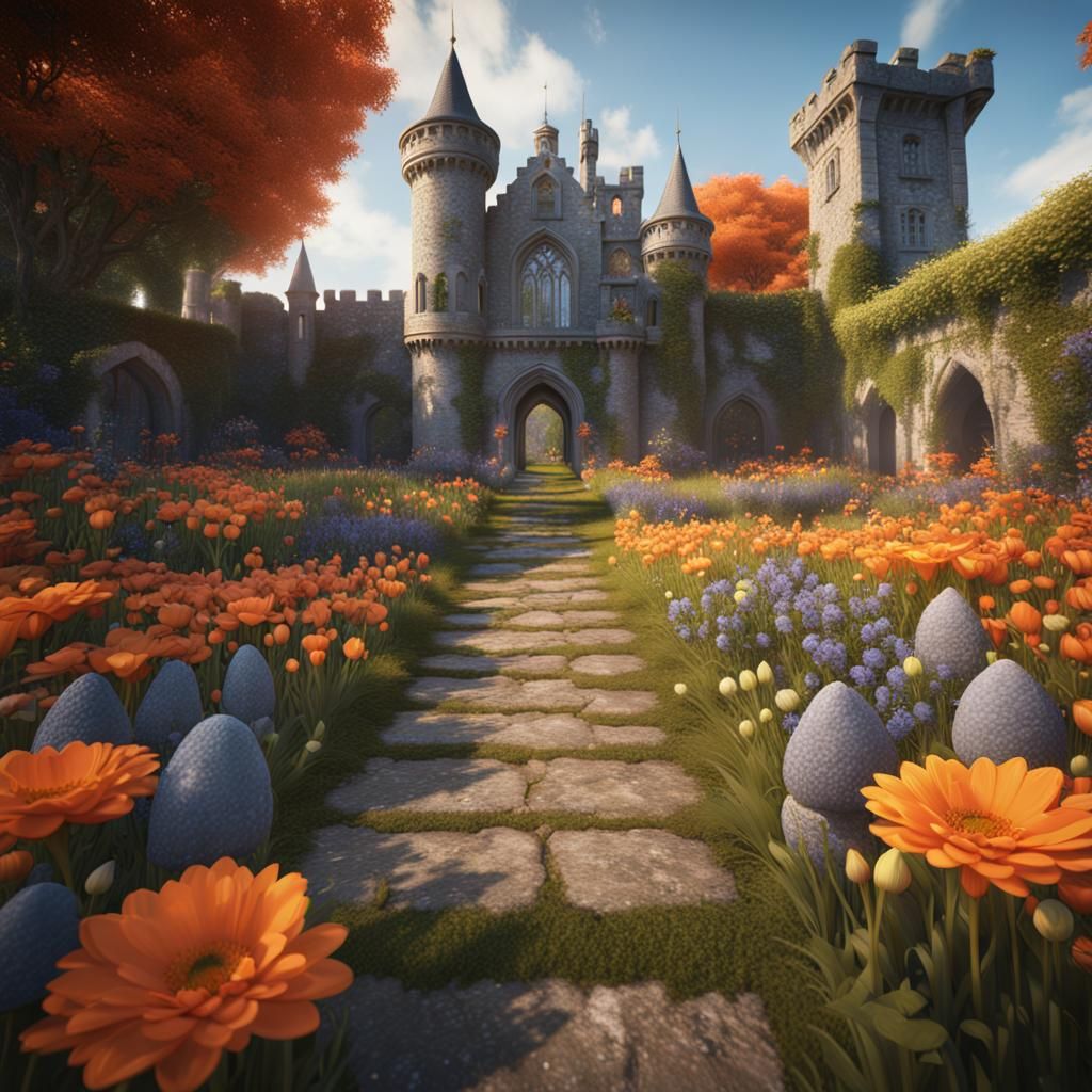 Irish castle flower garden with orange flowers