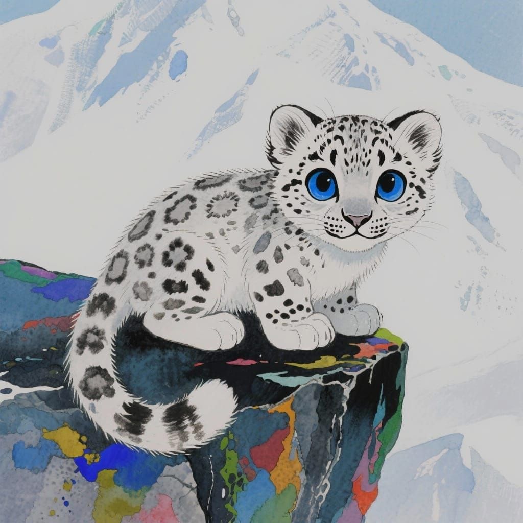 Adorable Snow Leopard Cub on Rocky Ledge