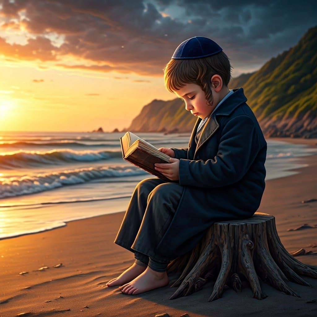 Young Boy Reads on Beach as Digital Painting