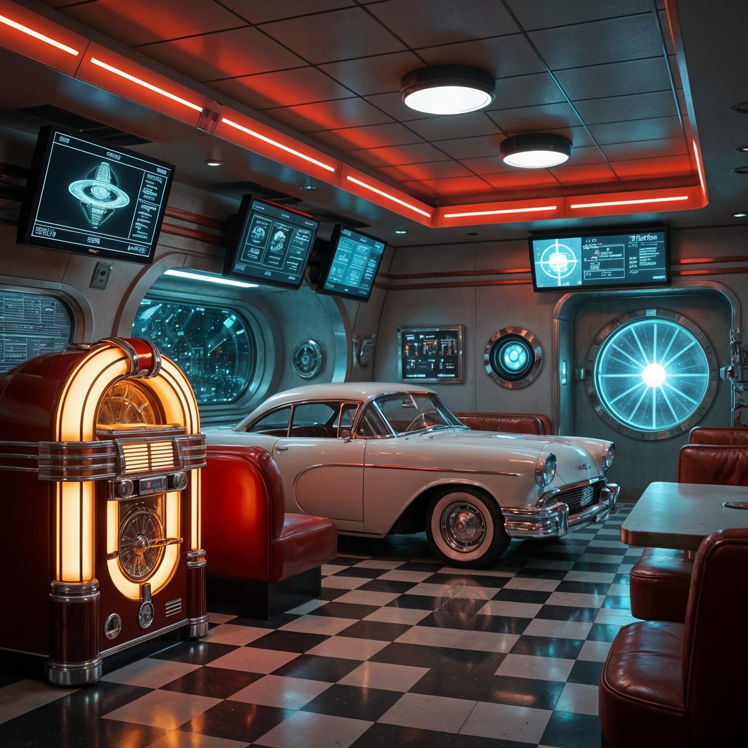 A retro-futuristic diner, seemingly abandoned, but with a hidden entrance beneath the jukebox leading to an underground command center. Moni...