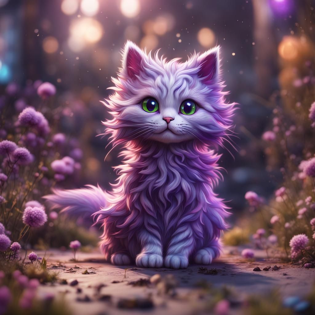 A pretty kawaii cat with purple highlighted fur and has super messy crazy fluffy fur  by @Orion