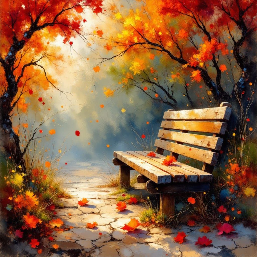 <lora:Alcoholic Inks:1.0> <lora:Earth and impression:1.0> A hyperrealistic cinematic artwork of a rustic wooden bench surrounded by maple tr...