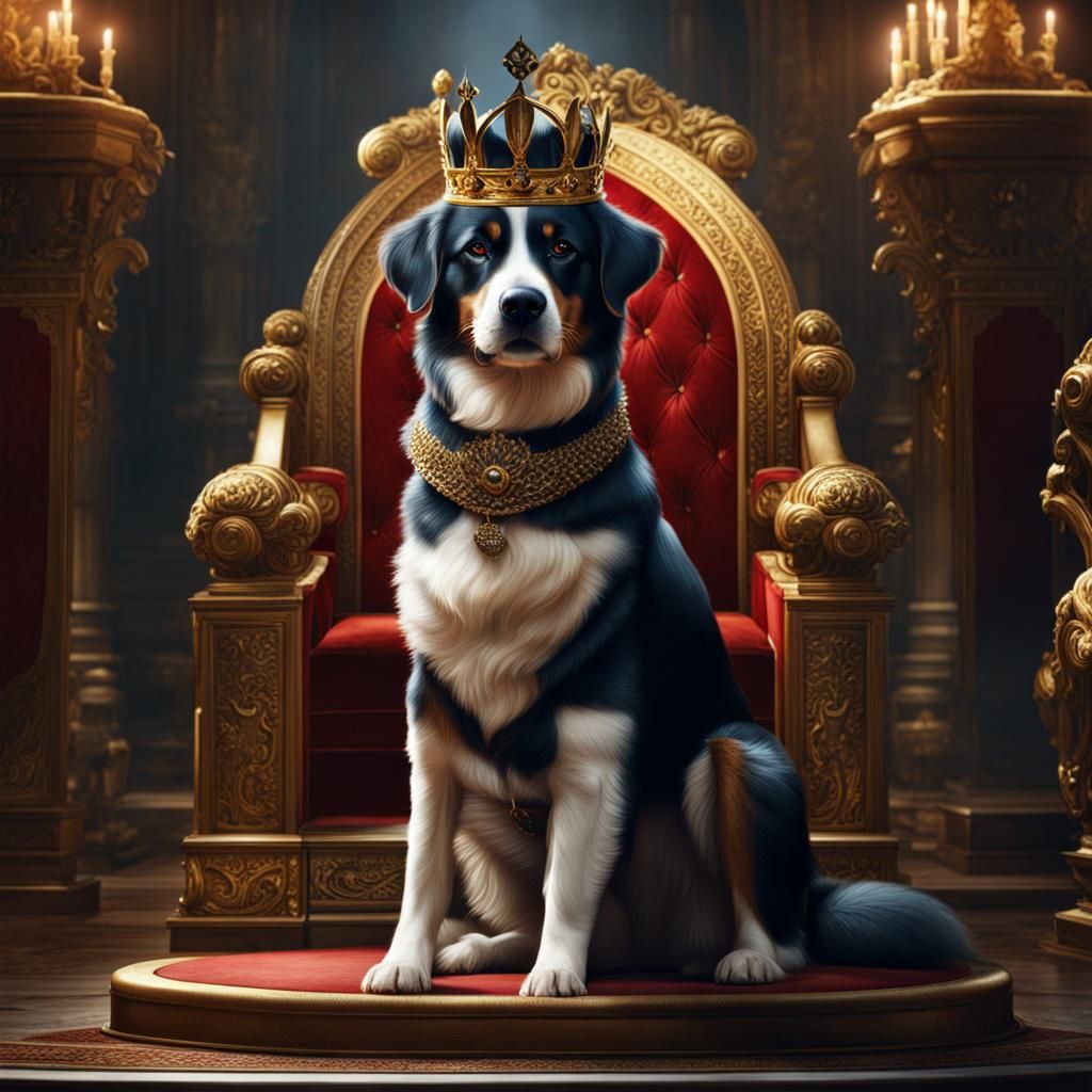 A dog sitting on a throne with a crown being bowed down to by the people. AI Generated Artwork NightCafe Creator