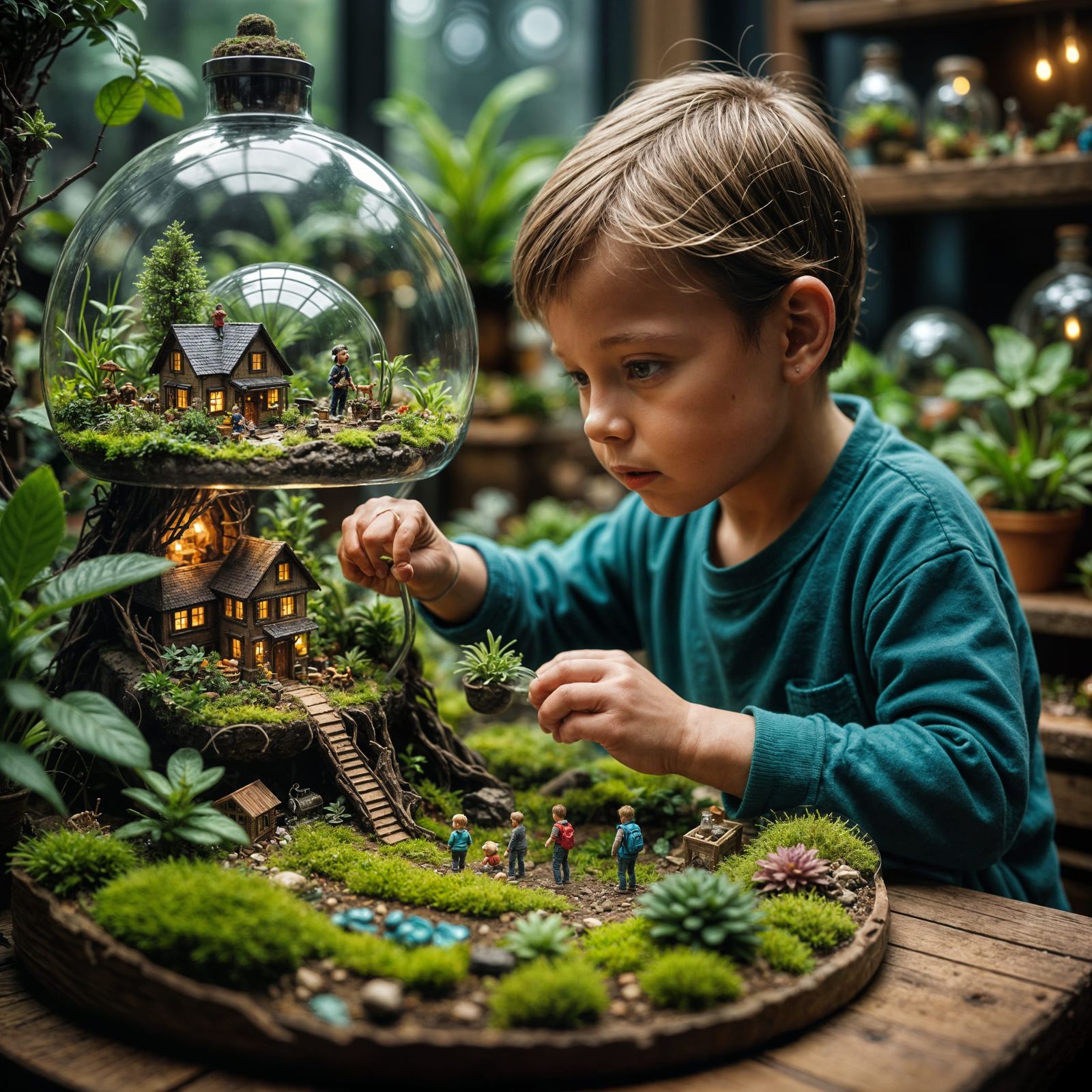 a child  looks at a tiny miniature world bustling with life inside a terrarium  by @Tanke