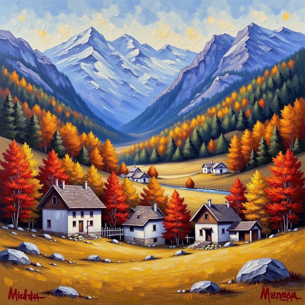 <lora:Impression Impasto:1.0> Bavarian alpine village surrounded by red maples and yellow larches — textured brushwork, crisp mountain air, ...
