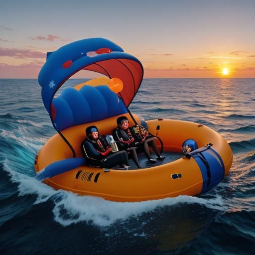 Cute aliens are sitting inside an inflatable life boat. Floa...