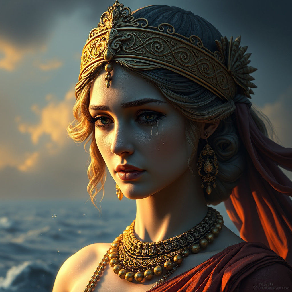 Greek Goddess Mourning in Golden Light