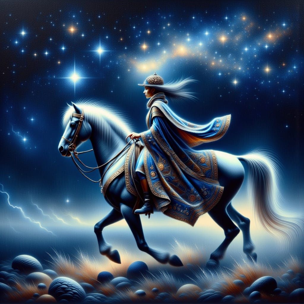 <lora:Raster:1.0> <lora:felt:1.0> silver oil painting on dark blue velvet paper. A rider in an embroidered cloak on a horse with expensive t...