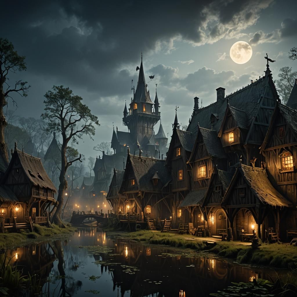 high Fantasy epic scenic Dark night in the medieval swamp village ...