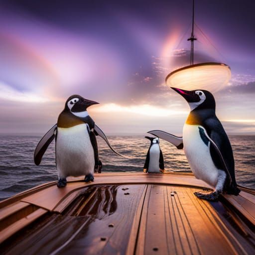 Jolly Roger Penguins wearing an eye-patch on a pirate ship i...