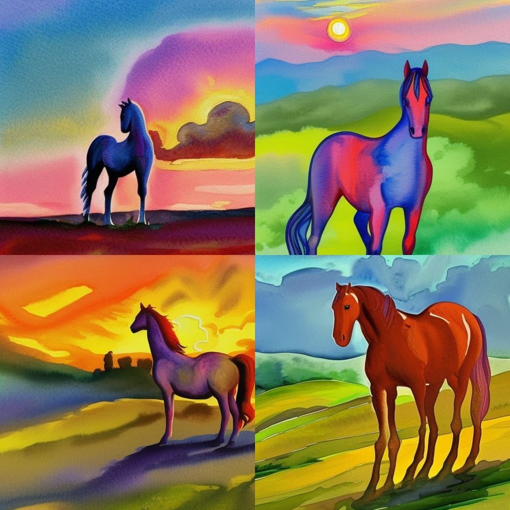 Watercolor Horse Standing At The Top Of Grassy Hill With The Sun   S3bcrecUI5pV7GPKvycx  Grid 