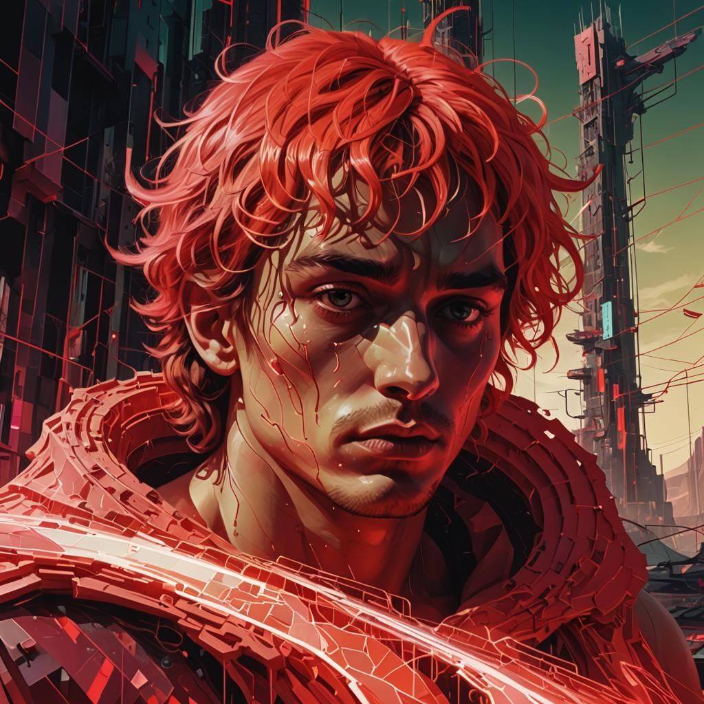 A scruffy young man, with pixelated neofuturistic look less ...