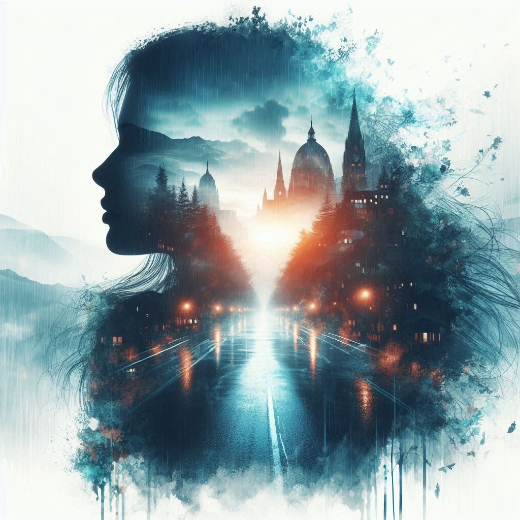 double exposure beautiful fantasy DALL-E 3 portrait landscape..