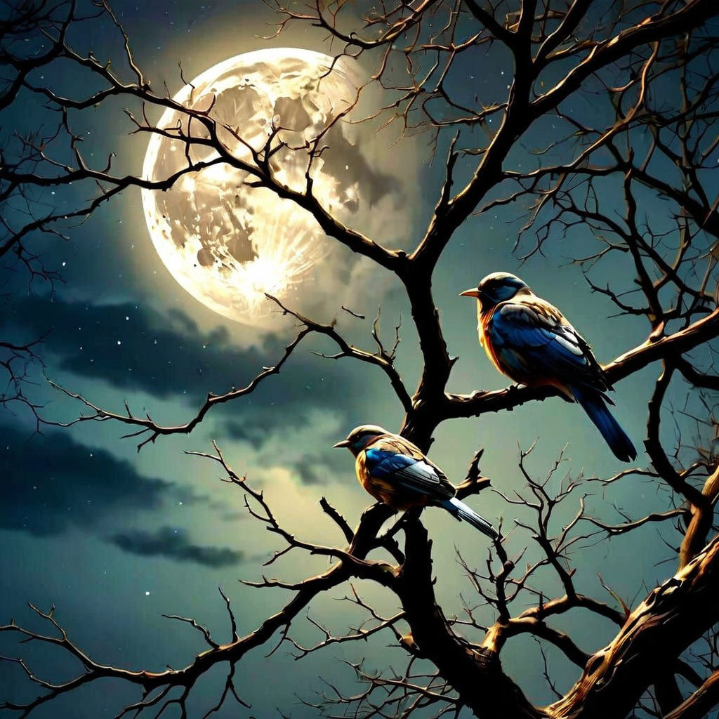 Sous la lune le silence.puis la nuit. Et là bas,sur la branche,un oiseau qui vole vers l'oubli. - /Hyperrealistic,surrea...