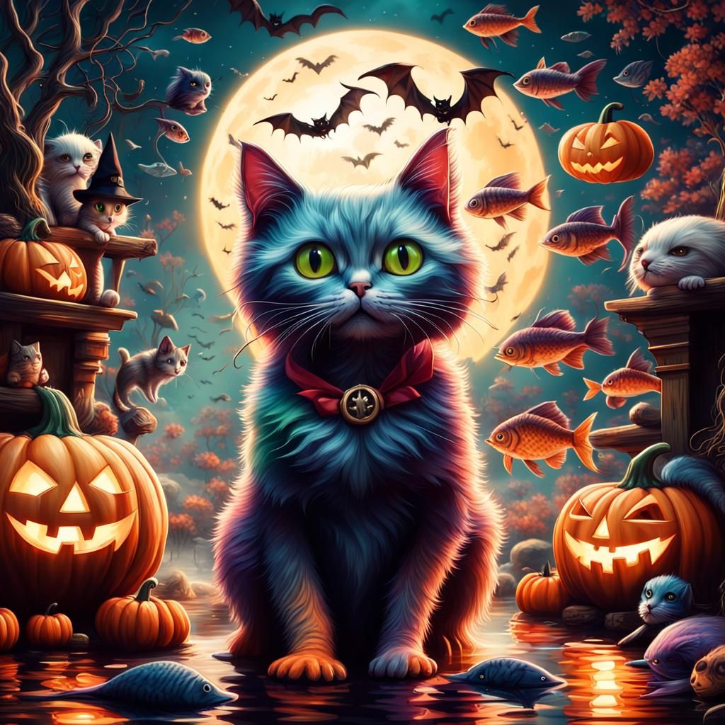 Multicolored Halloween kitties, fishies, and witch kitties  by @Meg
