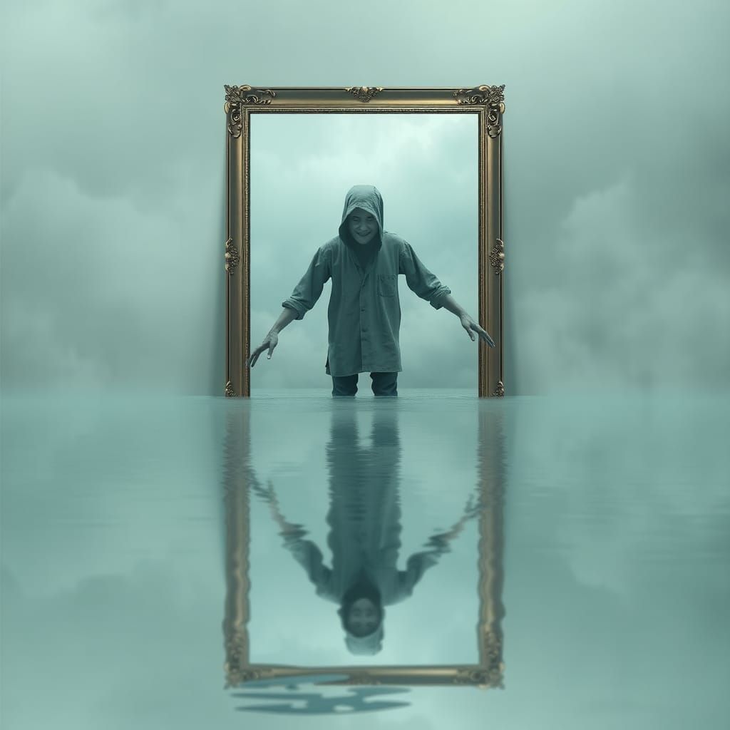 Surreal scene of an unsettling floating person, an uncanny m...