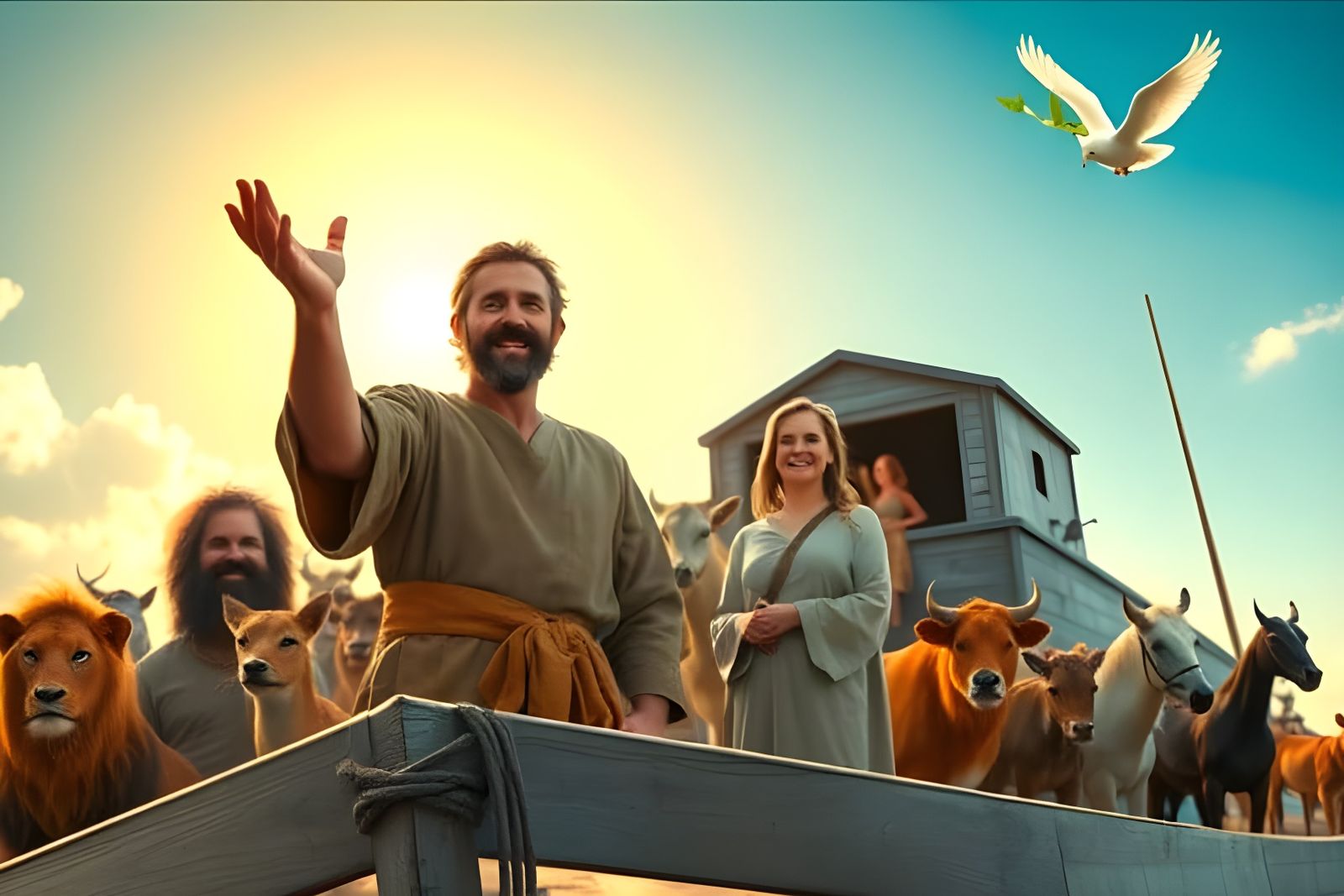 Noah and family rejoice as the dove brings an olive leaf  by @Gary Murakami