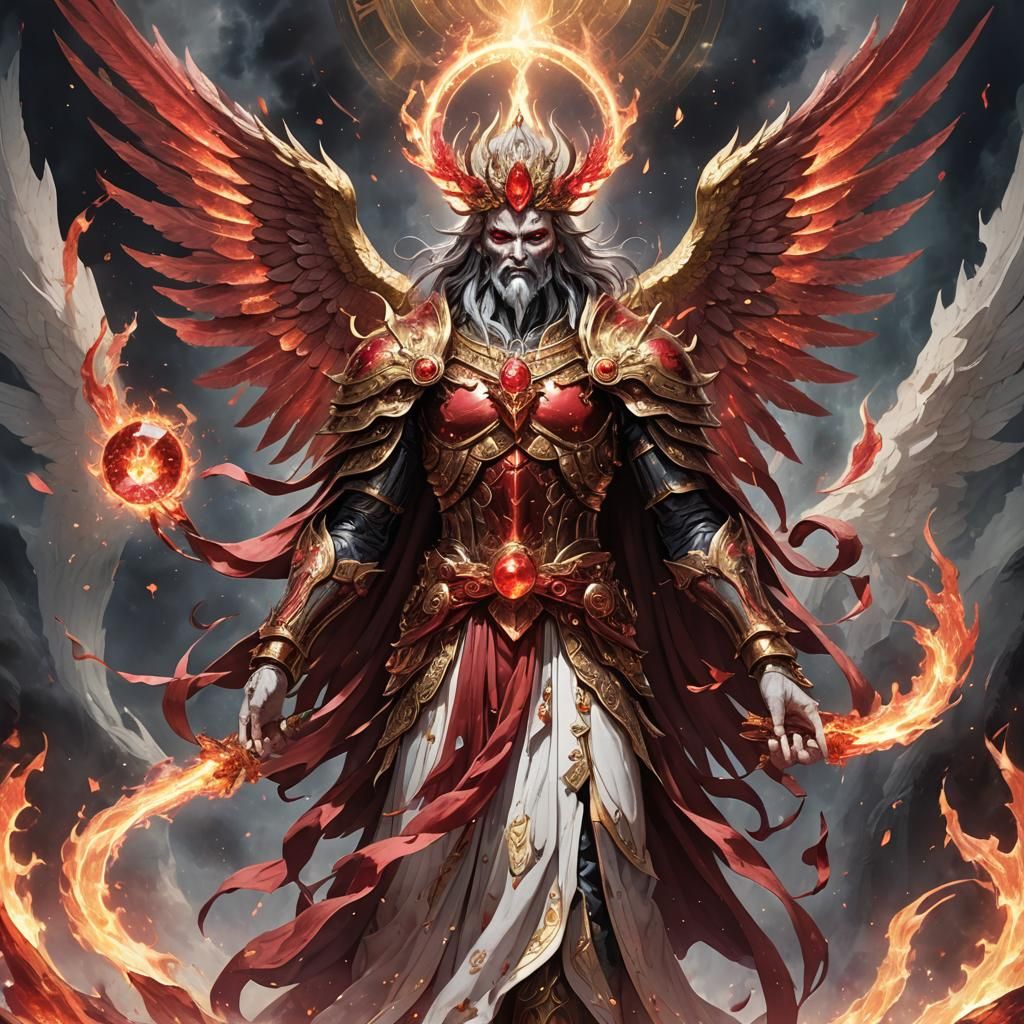 Divine God of Hosts with crimson crystal flame wings