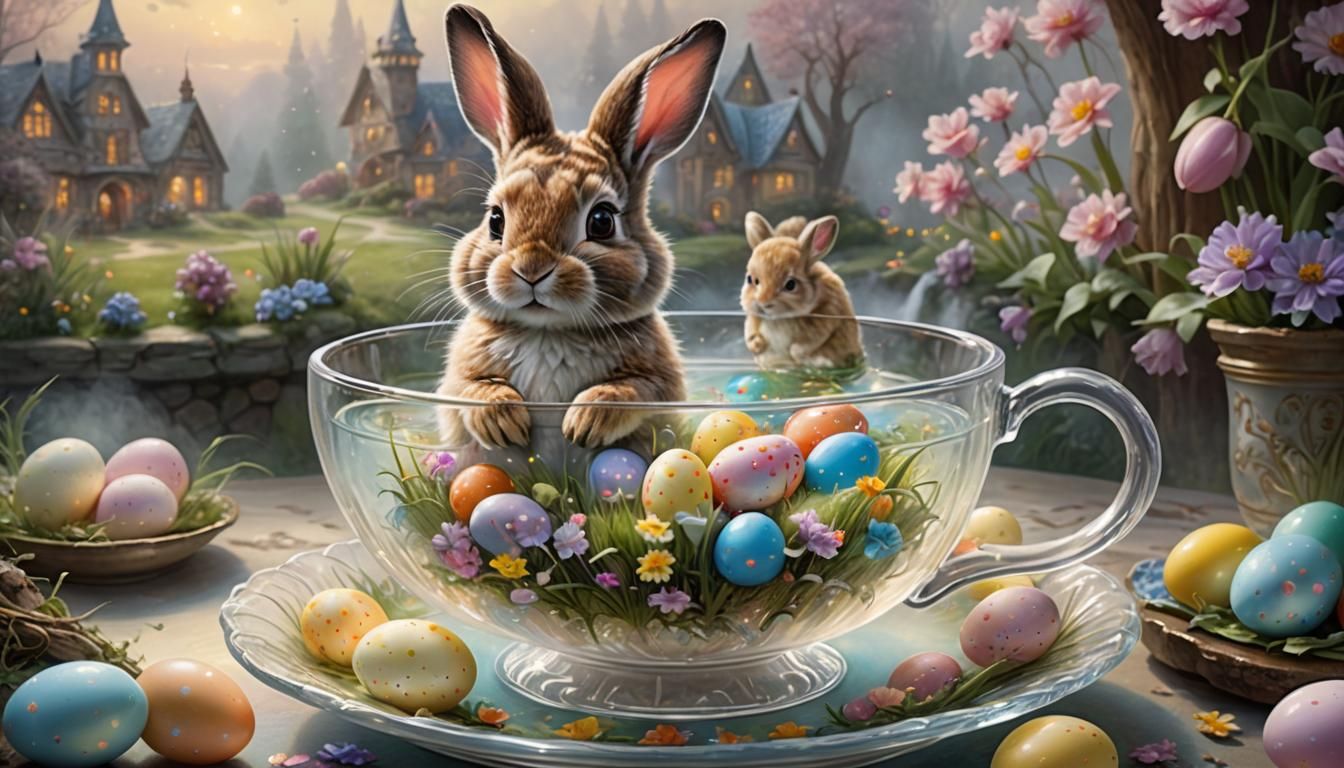Cute little bunny in a surreal transparent teacup with Easte...