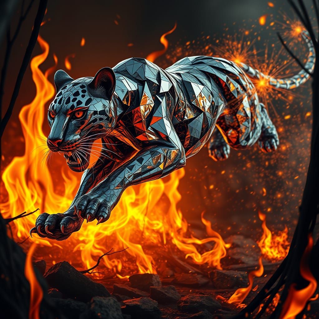A panther made of mirrors leaping through a forest of flames in the abyss  by @ETSavant
