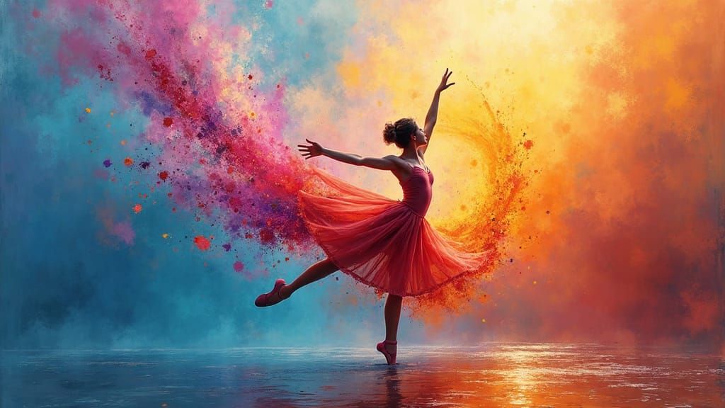 An explosion of vibrant paint colors that create a ballet dancer