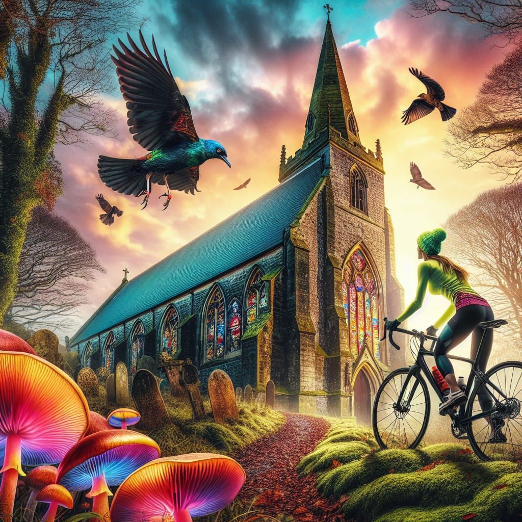 Old Church, Cyclist, Bird, and Glowing Mushrooms