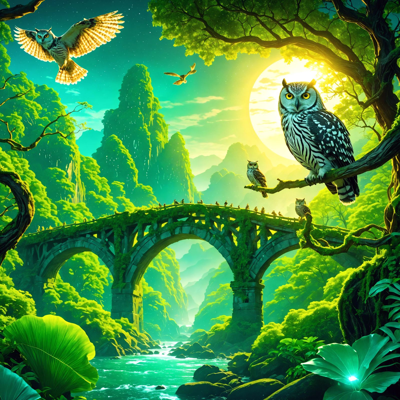 Ancient bridge crossing dense emerald forest, glowing hills ...