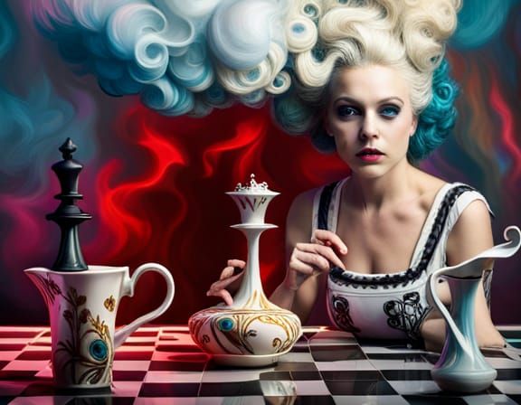 Alice in Wonderland tea party, stripes and smoke, black and ...