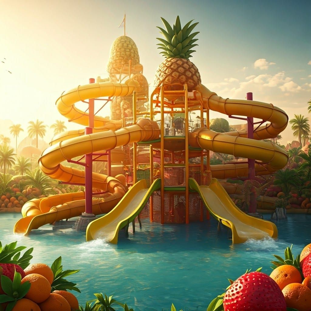 Fruit Water Park in Whimsical Photorealistic Style