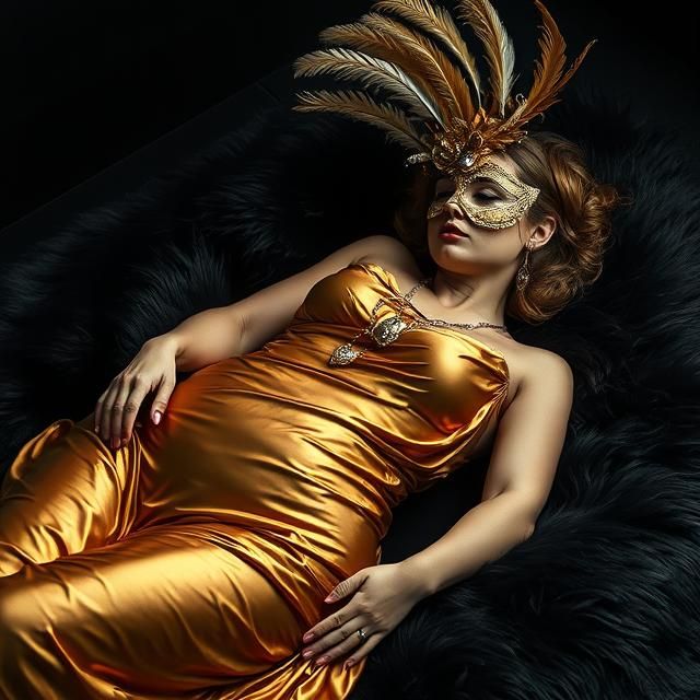 a really beautiful woman  , big curvy body in a gold sheet a...