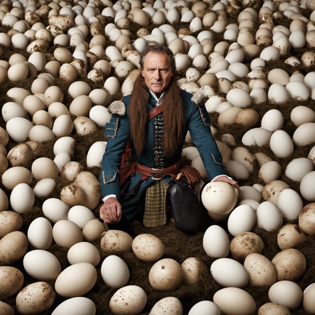 Humans emerging from eggs on a scottish battlefield surrounded by