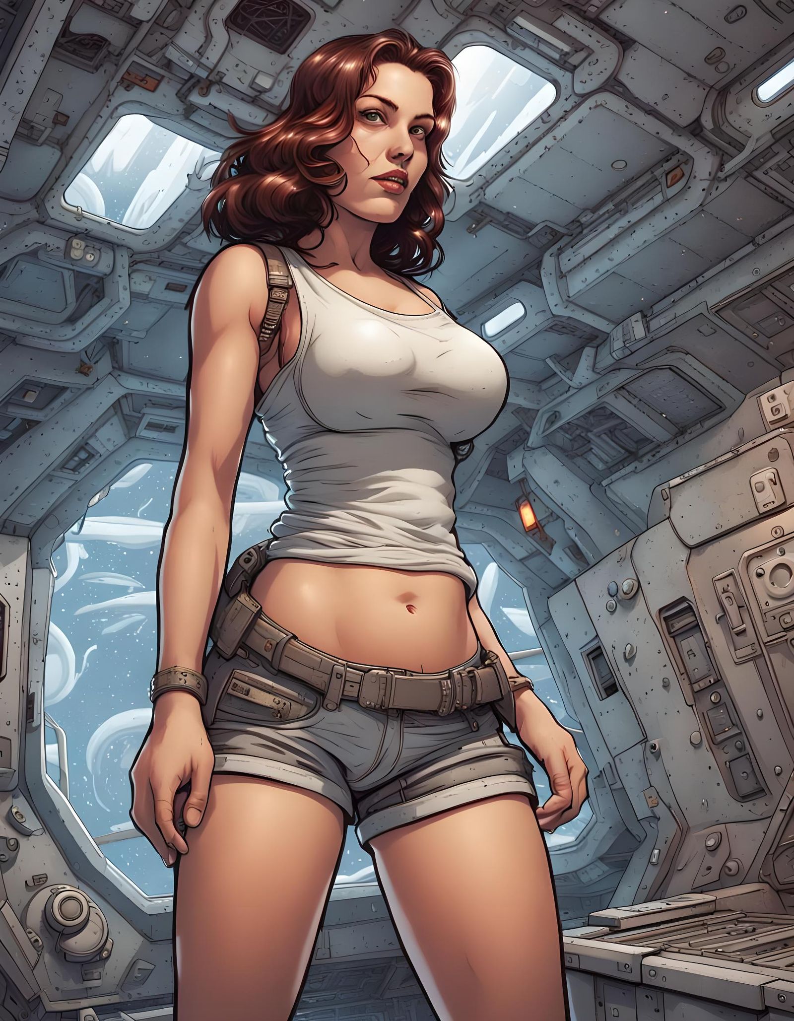 Thick beautiful woman in dirty tank top and daisy dukes on an abandoned  space station. - AI Generated Artwork - NightCafe Creator