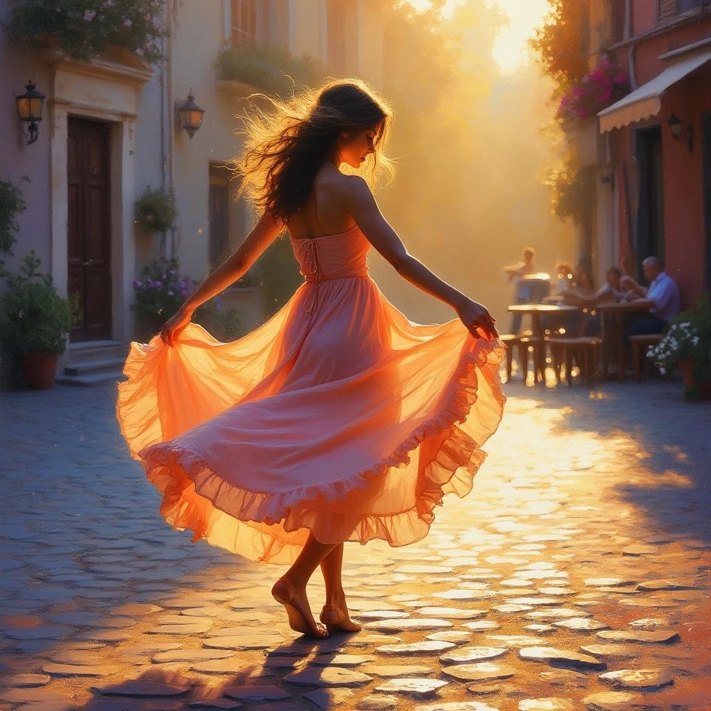 Sur la place chauffée au soleil, une fille s'est mise à dans...