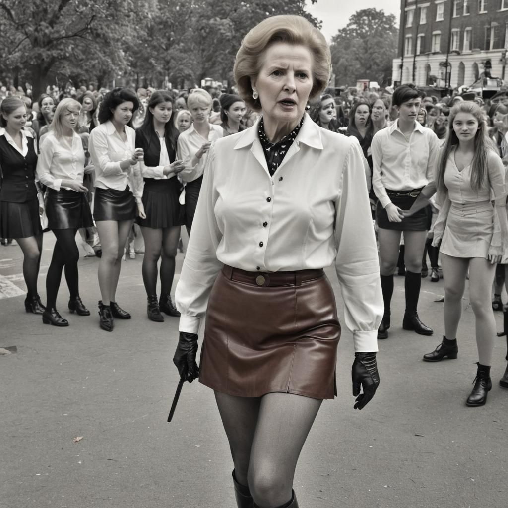 Margaret Thatcher wearing a silky white button-popping blouse, ultra-short leather mini skirt, tights and black leather boots she is speakin...