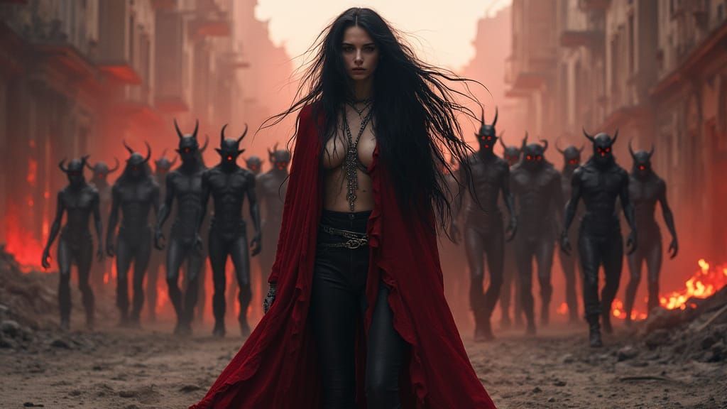 dark-haired woman in human form walking down a foggy, deserted city street at night, followed closely by shadowy demonic...