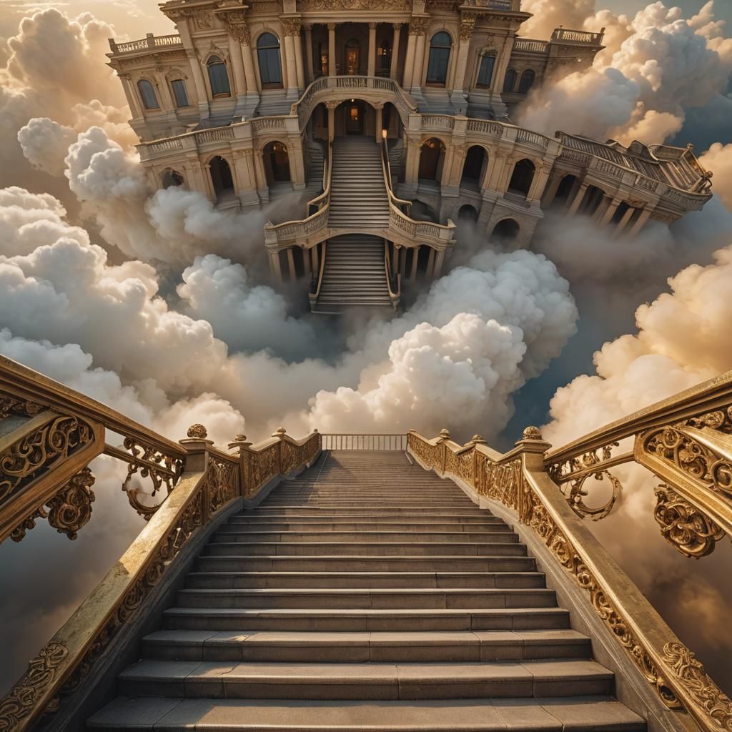 Surreal Infinite Staircase Ascending into Clouds