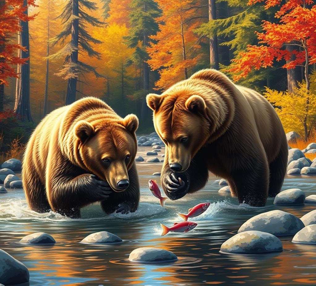Close-up of grizzlies eating spawning salmon.  Bears in river, fall colors in woods, intricately detailed, ...  by @GrizzMum