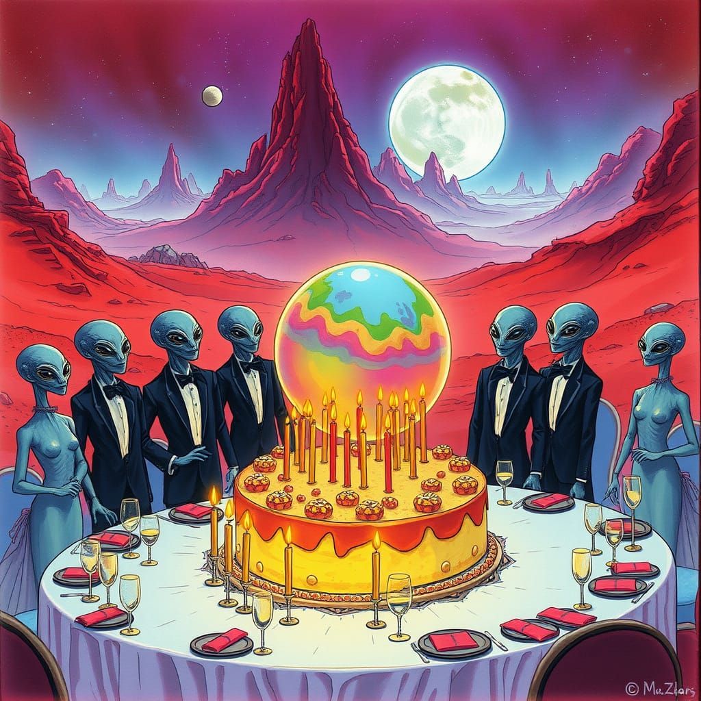 Surreal Martian Gala in Vibrant Colors and Cosmic Dance