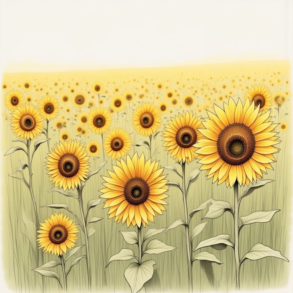  <lora:Savant Sketched:1.0> a sloppy minimalist savant colored pencil sketch of a beautiful field of sunflowers with watercolor undertones